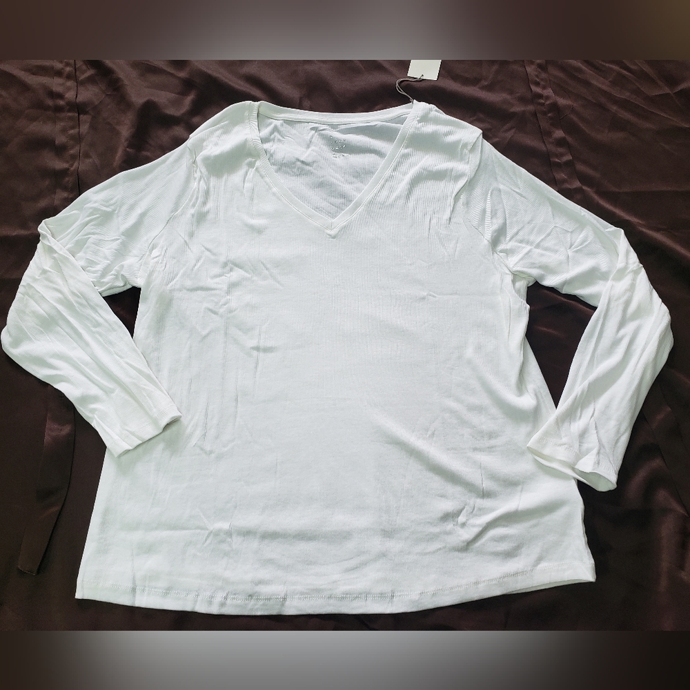 A New Day Women's Long Sleeve Tee, Plus Size 2X, 3X in White, Ribbed, NWT